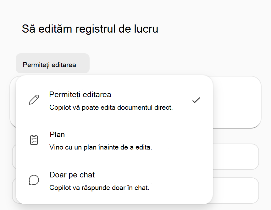Captură de ecran a meniului de opțiuni Copilot în modul Excel.