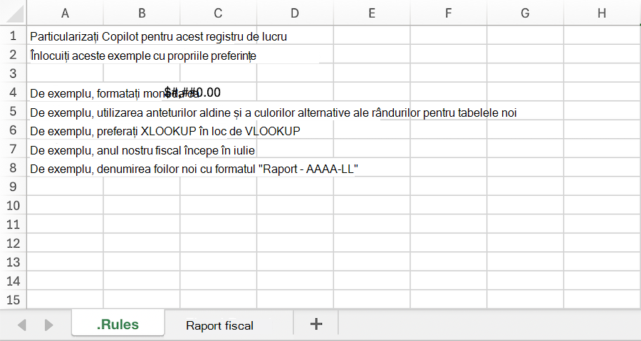 Captură de ecran a unui registru de lucru Copilot în Excel cu un eșantion. Foaie de lucru Reguli.