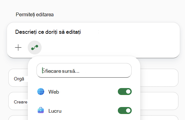 Captură de ecran a câmpului de solicitare Copilot în Excel cu meniul Selectați surse deschis.