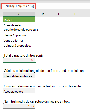 Numărați totalul caracterelor dintr-o zonă și alte matrice pentru lucrul cu șiruri text