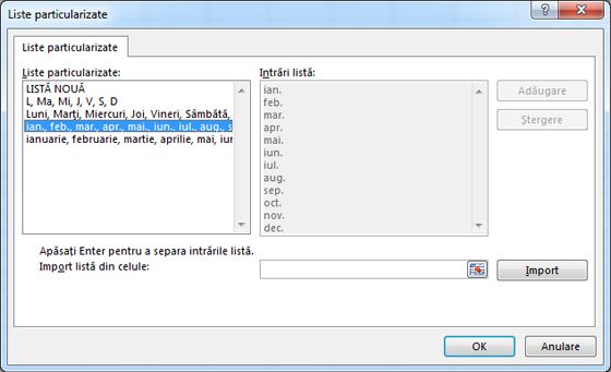 Caseta de dialog Liste particularizate