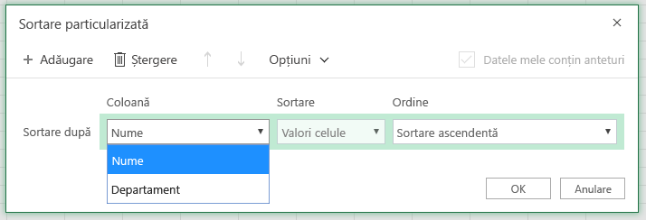 Caseta de dialog Sortare particularizată, având selectată coloana de rând Sortare după în coloana Nume