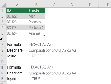 Un exemplu care utilizează funcția EXACT pentru a compara o celulă cu alta