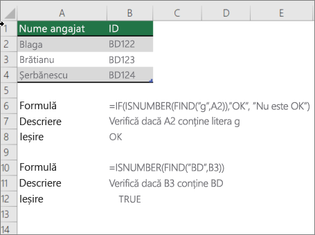 Un exemplu de utilizare a funcțiilor IF, ISNUMBER și FIND pentru a verifica dacă o parte a unei celule se potrivește cu un anumit text