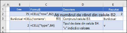 Exemple de utilizare a funcției CELL
