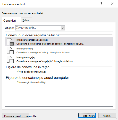 Caseta de dialog Connectios existent din Excel afișează o listă de surse de date utilizate în prezent în registrul de lucru