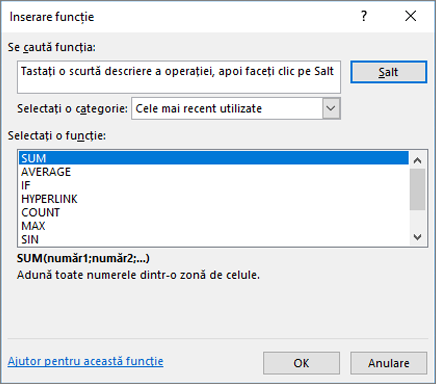 Caseta de dialog Inserare funcție
