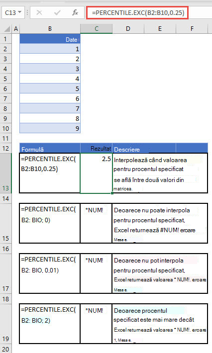 Exemple ale PERCENTILE. Funcția EXC