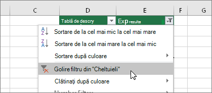 Meniul Filtrare, Golire filtru din...