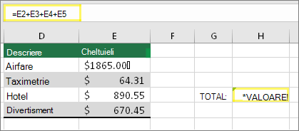 H4 cu =E2+E3+E4+E5 și rezultatul #VALUE!