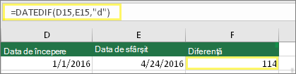 Celula D15 cu 01.01.2016, Celula E15 cu 24.04.2016, Celula F15 cu formula: =DATEDIF(D15,E15,d) și rezultatul 114