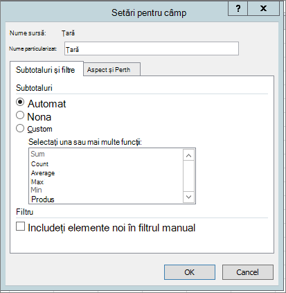 Subtotaluri & fila Filtre din caseta de dialog Setări câmp
