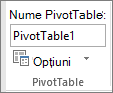 Opțiuni PivotTable pe panglică