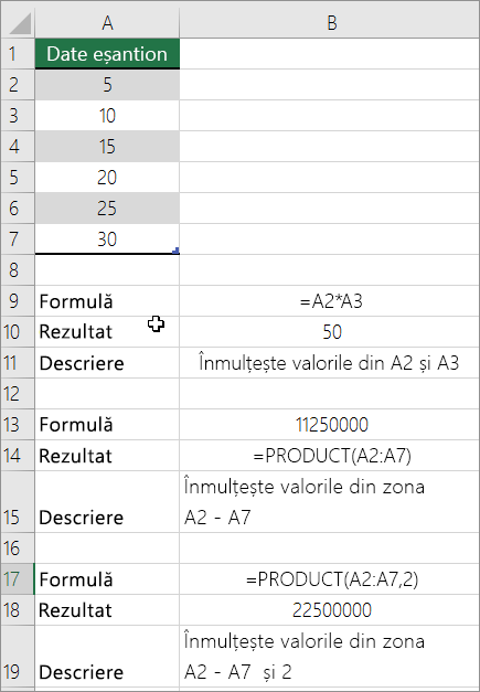 Înmulțiți numere utilizând funcția PRODUCT