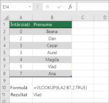 Un exemplu de formulă VLOOKUP care caută o potrivire aproximativă