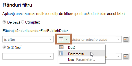 Introducerea unui parametru în caseta de dialog Filtrare