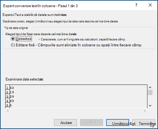 Imagine cu caseta de dialog Text în coloane de date >