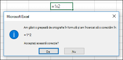 Casetă mesaj care vă solicită să înlocuiți x cu * pentru înmulțire
