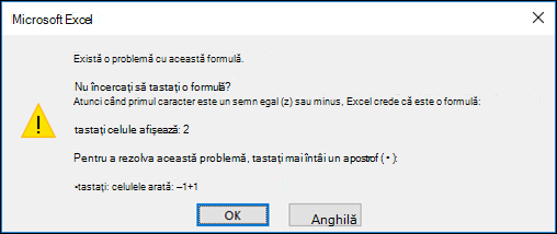 Imagine cu caseta de dialog Excel Problemă cu această formulă