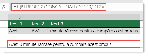 Funcțiile IF și ISERROR utilizate ca soluție pentru a concatena un șir cu eroarea #VALOARE!