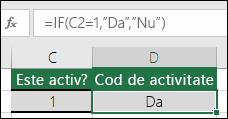 Celula D2 conține formula =IF(C2=1,DA,NU)