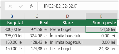 Formula din celula E2 este =IF(C2>, B2,C2-B2,)