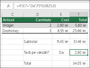 Formula din celula F7 este IF(E7=Da,F5*0,0825,0)