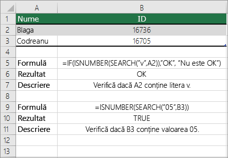 Exemple IF, ISNUMBER și SEARCH