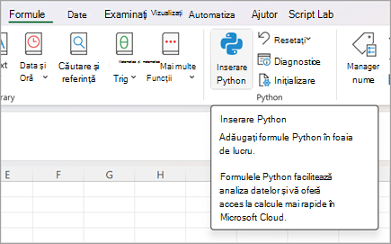 Accesați Formule, apoi selectați Inserați Python.