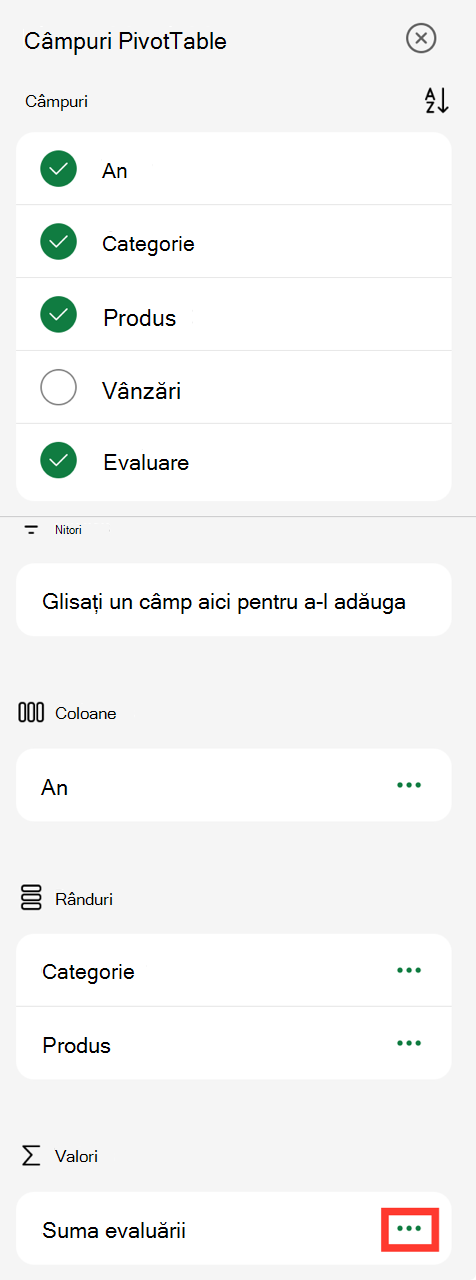 puncte de suspensie pentru valorile de câmp PivotTable de pe iPad