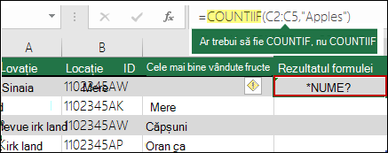 Eroarea #NUME? cauzată de o greșeală de ortografie în sintaxă