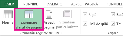 Faceți clic pe Examinare sfârșit de pagină pe fila Vizualizare