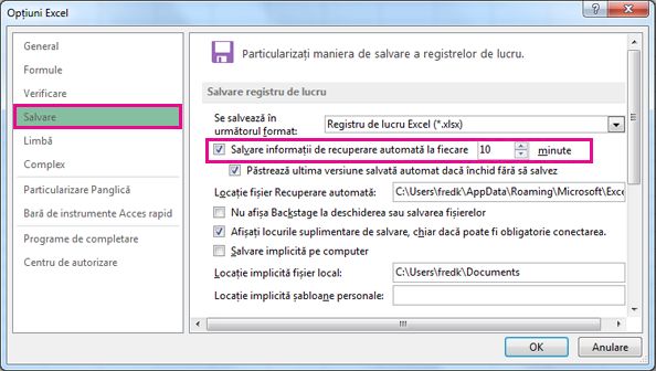 Opțiunea Salvare în Opțiuni Excel