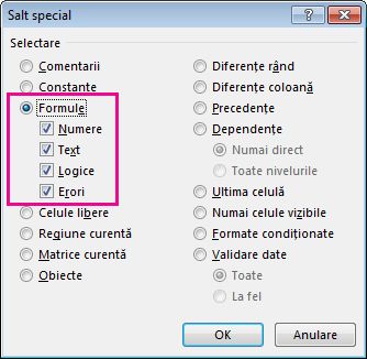 Opțiuni pentru găsirea formulelor în caseta Salt special