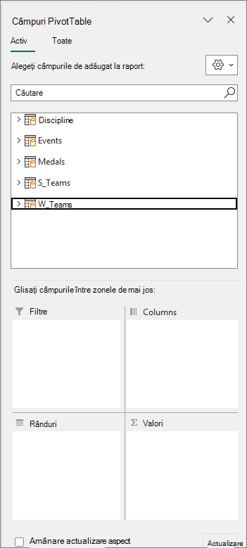 Cele patru zone de câmpuri PivotTable