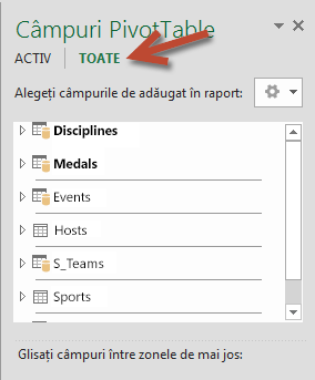 Faceți clic pe Toate în Câmpuri PivotTable pentru a afișa toate tabelele disponibile