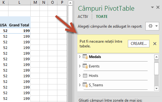 Solicitarea CREARE... relație în Câmpuri PivotTable
