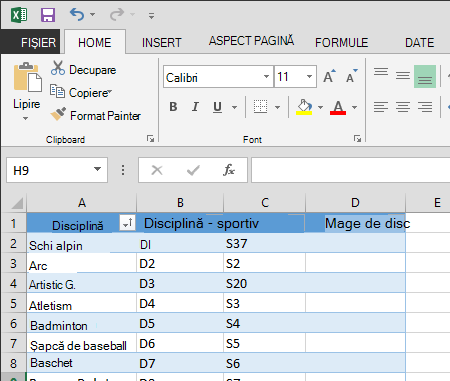 extinderea unui tabel în Excel