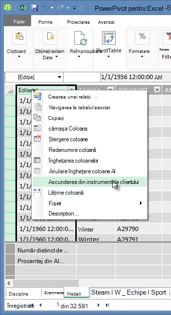 faceți clic dreapta pentru a ascunde câmpuri de tabel din Instrumente client Excel