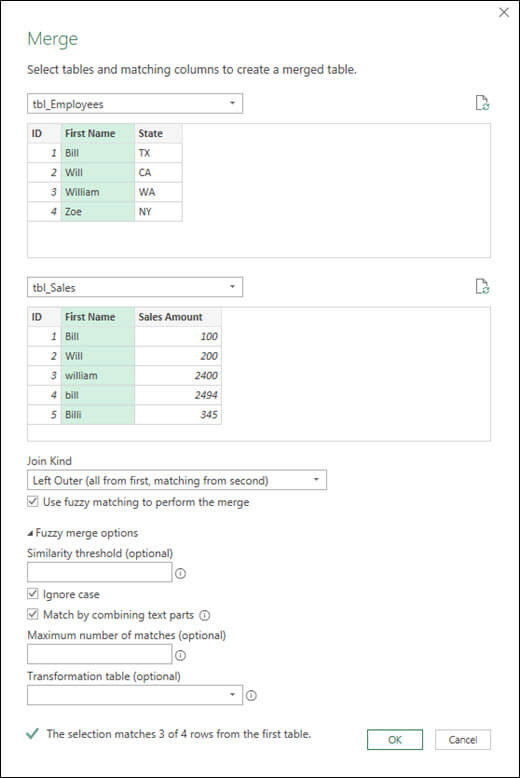 Opțiuni de îmbinare fuzzy din Power Query