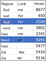 Exemplu de date sursă pentru un raport PivotTable