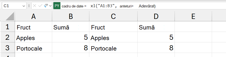 Conținutul DataFrame returnat ca valori Excel.