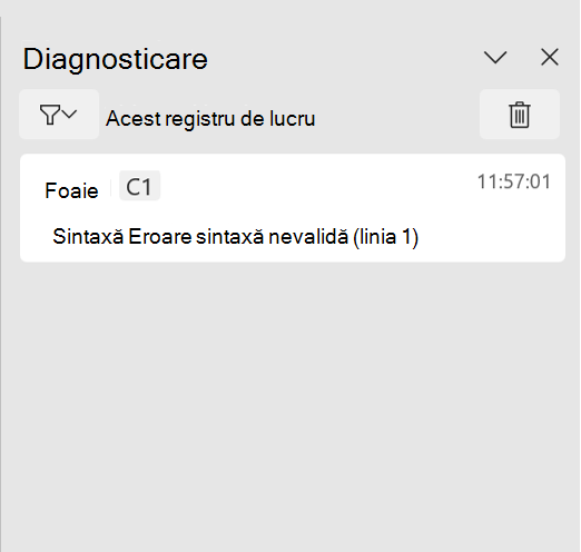 Panoul de activități Python din diagnosticare Excel, afișând o eroare de sintaxă.