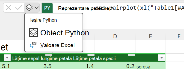 Utilizați meniul de ieșire Python de lângă Bara de formule pentru a modifica tipul de ieșire.