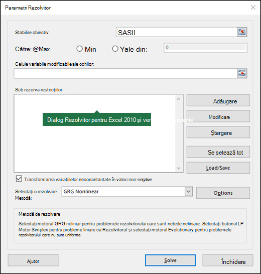Imagine a casetei de dialog Rezolvitor Excel 2010+