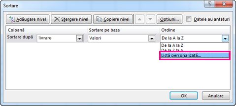 Caseta de dialog Sortare