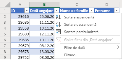 Utilizați Filtrul de tabel Excel pentru a sorta în ordine ascendentă sau descendentă