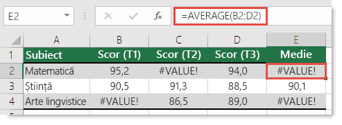 Eroarea #VALOARE din AVERAGE