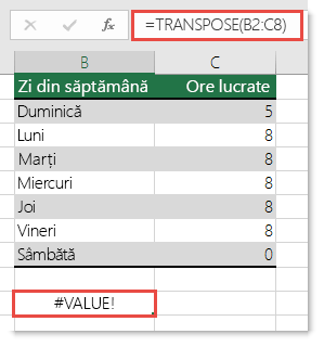 Eroarea #VALOARE din TRANSPOSE