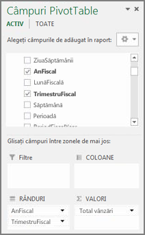 Listă de câmpuri PivotTable